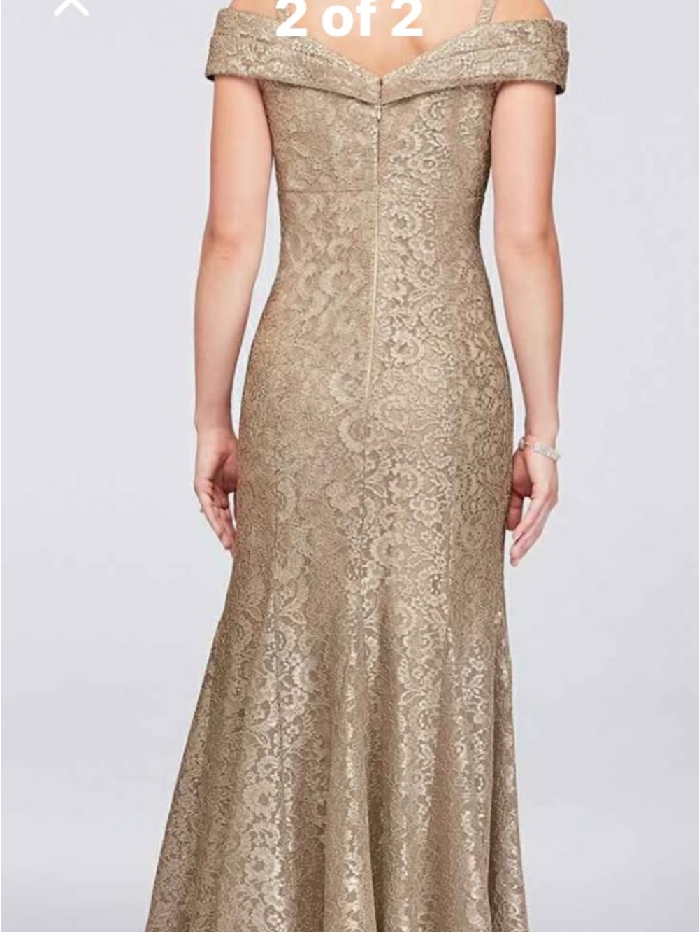 R&M Richards Metallic Gold Off-Shoulder Lace Gown